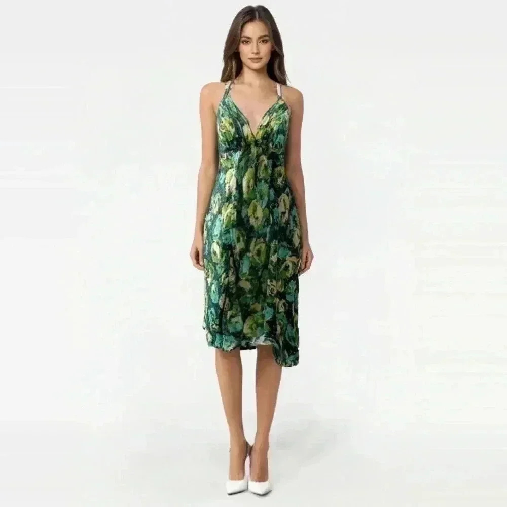 Donna Ricco Silk Halter Dress Flowy A-Line Green Blue Yellow Floral Size 8